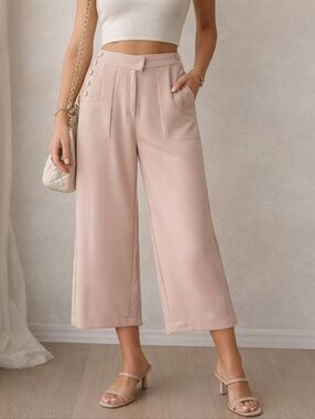 Balboa Wide Leg Cropped Pants Blush Pink High Rise Button Detail Womens M